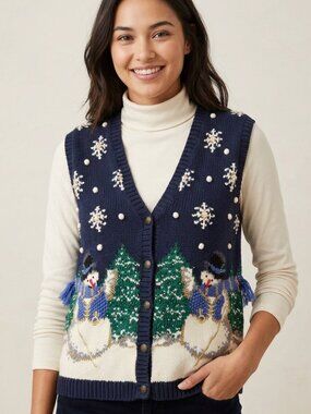 Vintage Winter‎ Sleeveless Sweater Botton up Festive Snowman Knit Vest